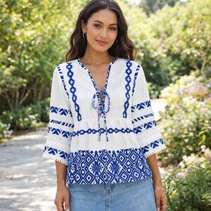 Small Cupshe White & Blue Geometric V-Neck Flared Sleeve Blouse 3/4 Sleeve NWT